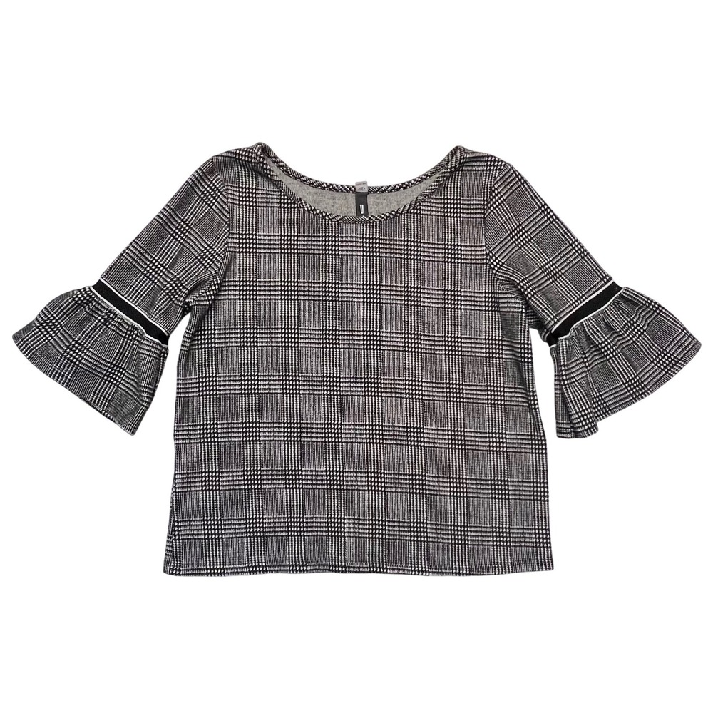 Design Lab Black White Plaid Bell Sleeve Preppy Academia Old‎ Money Top Size L